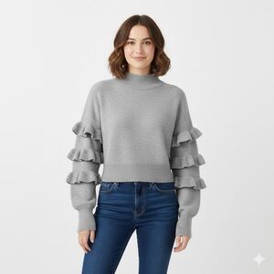 Elegant Gray Ruffle Sleeve Sweater